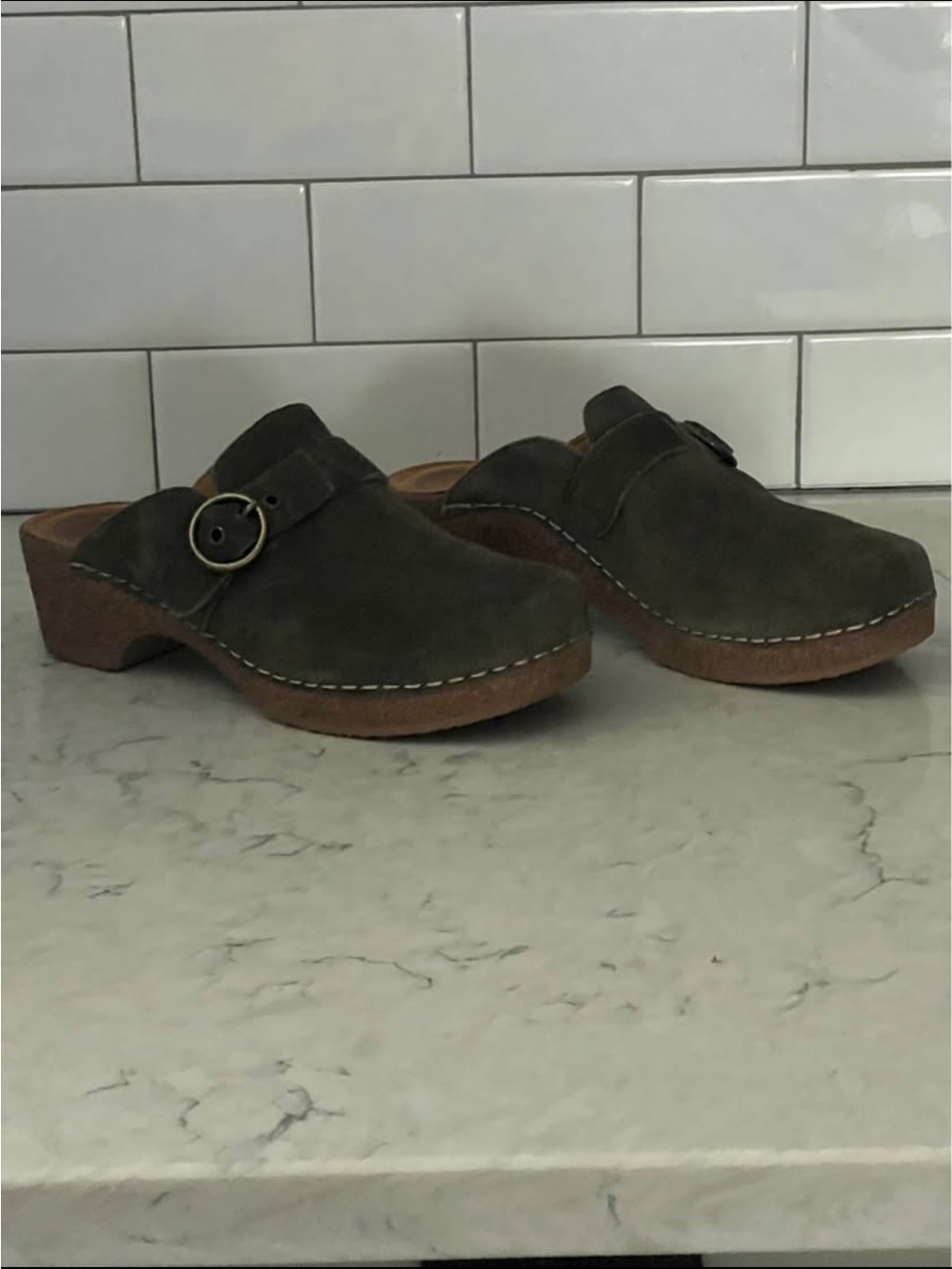 Aetrex Olive Suede Clog Mule with Buckle